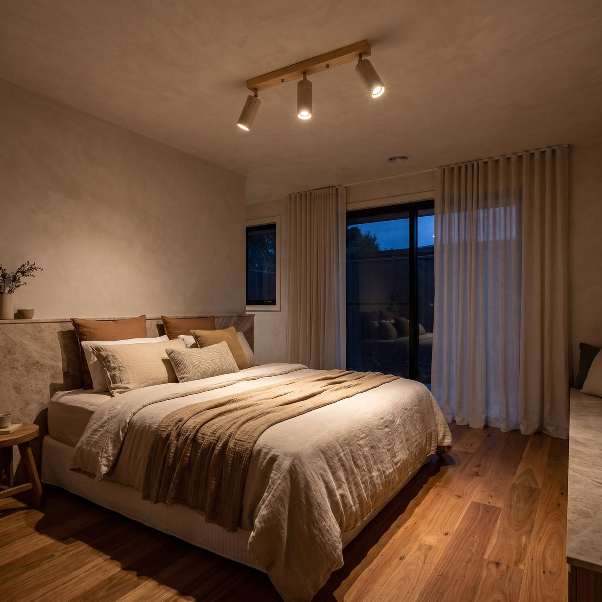 3-Head Travertine-Look Spotlight Ceiling Light on a bedroom ceiling