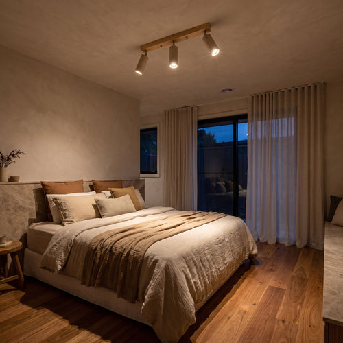 3-Head Travertine-Look Spotlight Ceiling Light on a bedroom ceiling