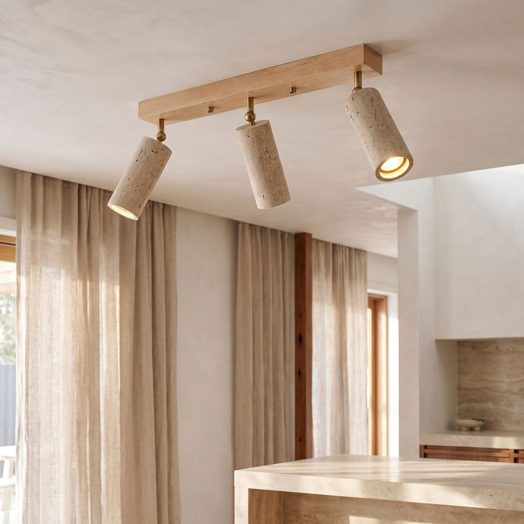 3-Head Travertine-Look Spotlight Ceiling Light, close view from below
