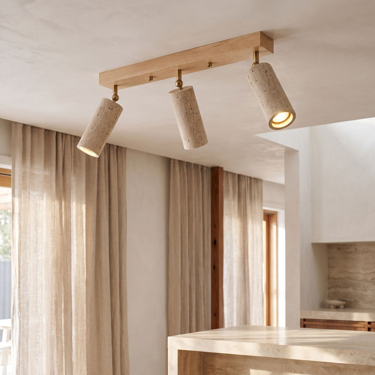 3-Head Travertine-Look Spotlight Ceiling Light, close view from below