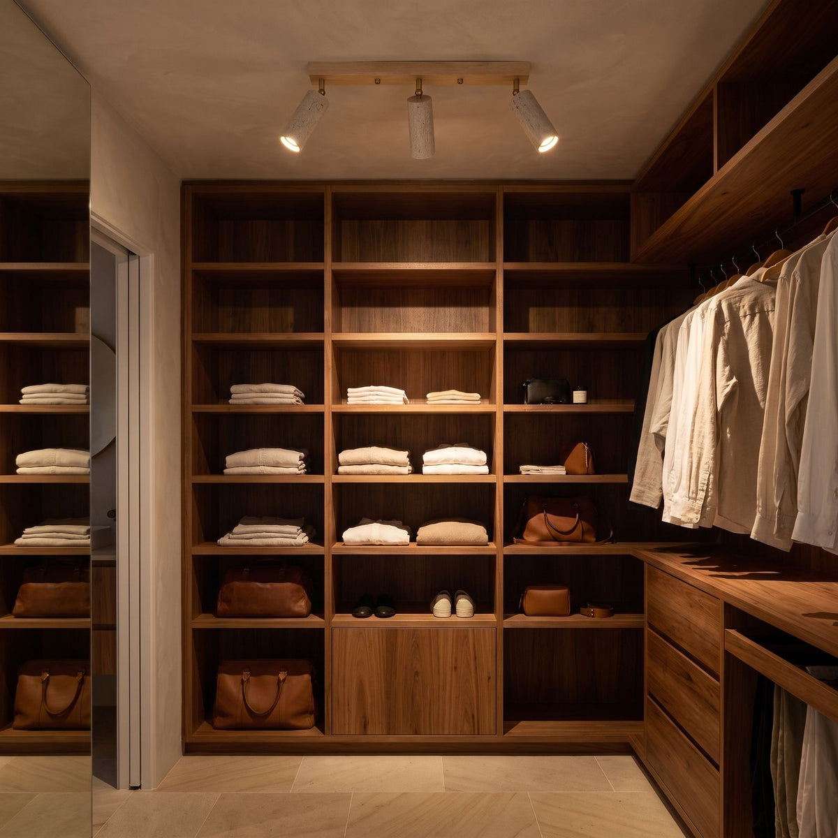 3-Head Travertine-Look Spotlight Ceiling Light above a walk-in wardrobe