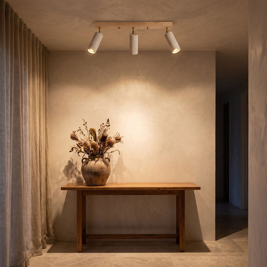 3-Head Travertine-Look Spotlight Ceiling Light in an entry foyer