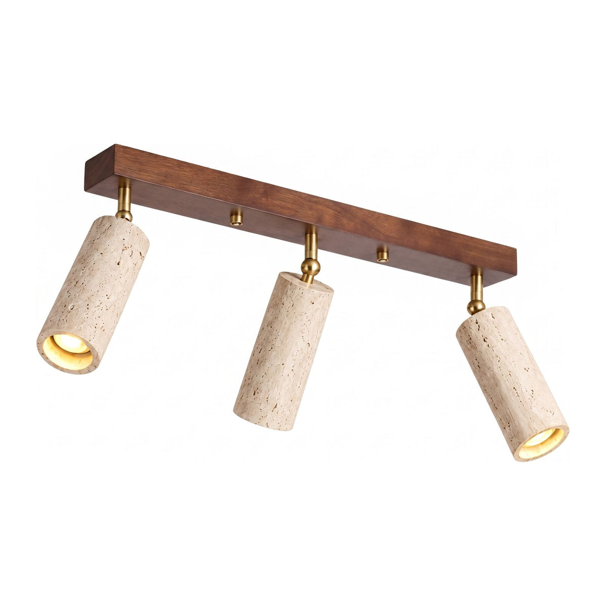 3-Head Travertine-Look Spotlight Ceiling Light in walnut on a white background
