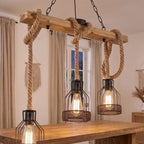 3-Light Wood Beam and Hemp Rope Pendant Light above a dining table