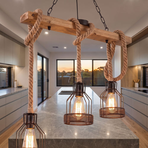 Wood beam and hemp rope pendant light over a kitchen island bench