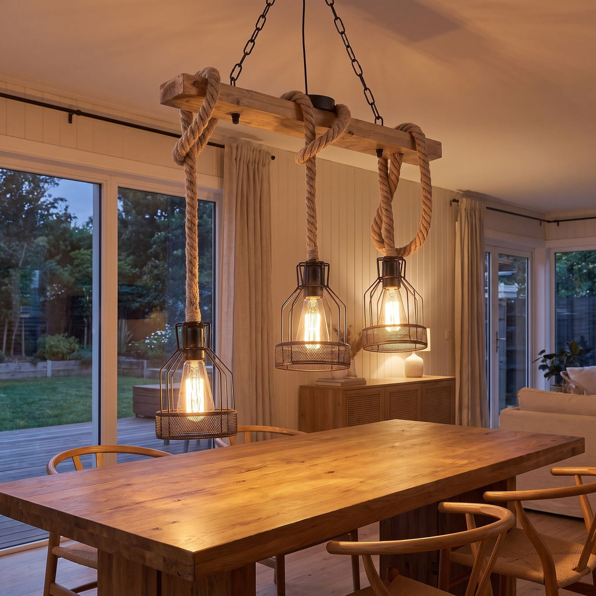 Wood beam and hemp rope pendant light over a dining table in a wider view