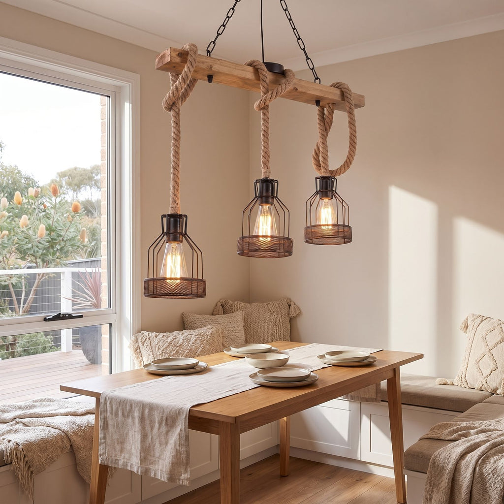 Wood beam and hemp rope pendant light over a breakfast nook table