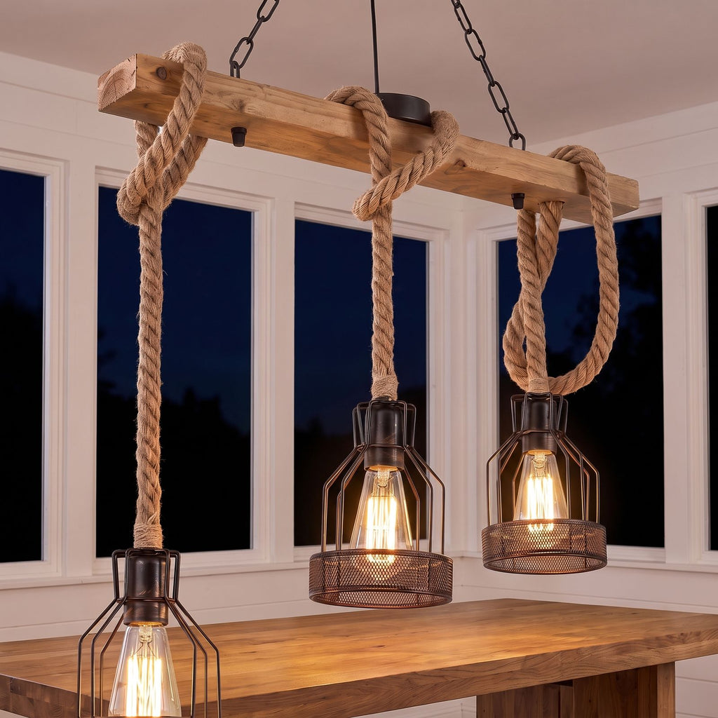 Wood beam and hemp rope pendant light over a sunroom table at night