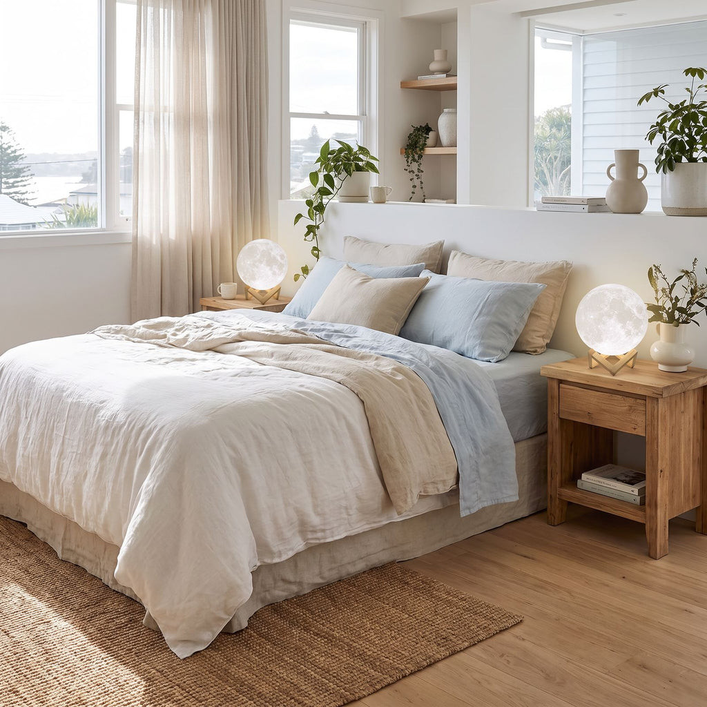A pair of 3D moon lamps on timber bedside tables either side of a bed in a bright coastal bedroom
