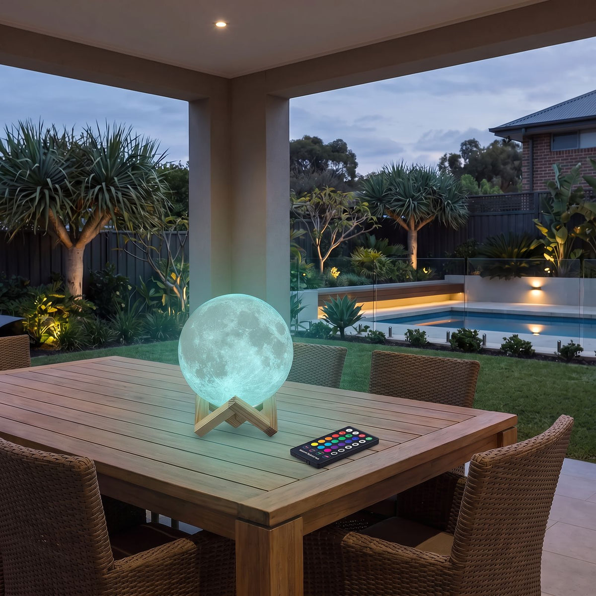 The 3D moon lamp glowing teal with its remote control on an outdoor table on a covered terrace at dusk