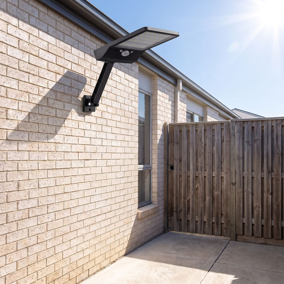 Solar sensor wall light on an adjustable arm on a back patio wall in daylight