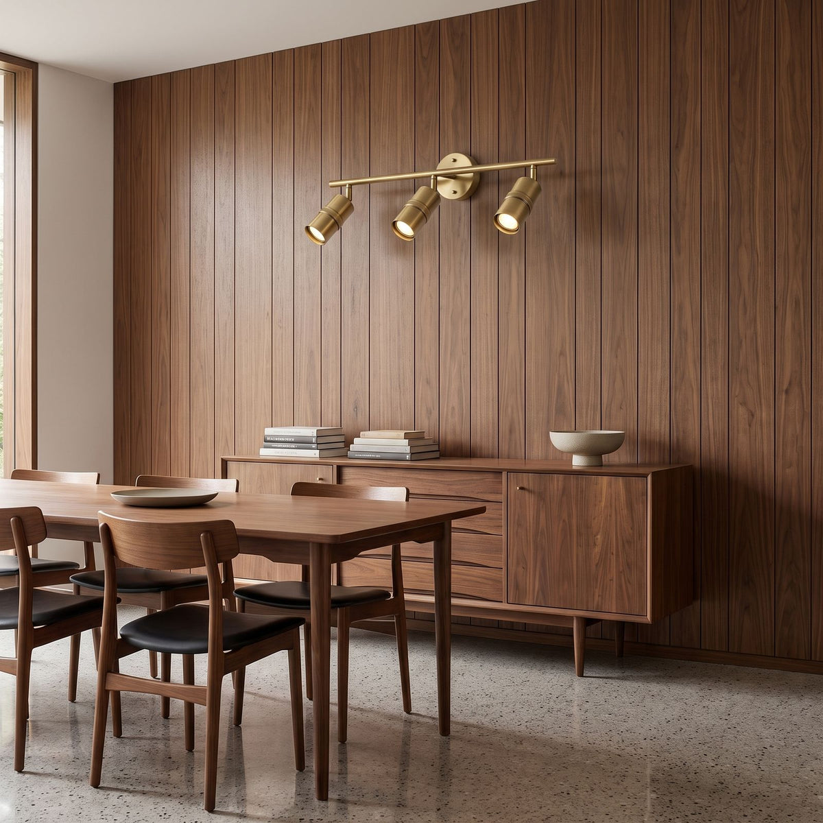 Adjustable Brass Spotlight Dimmable LED Wall Light with 3 heads above a sideboard in a dining room