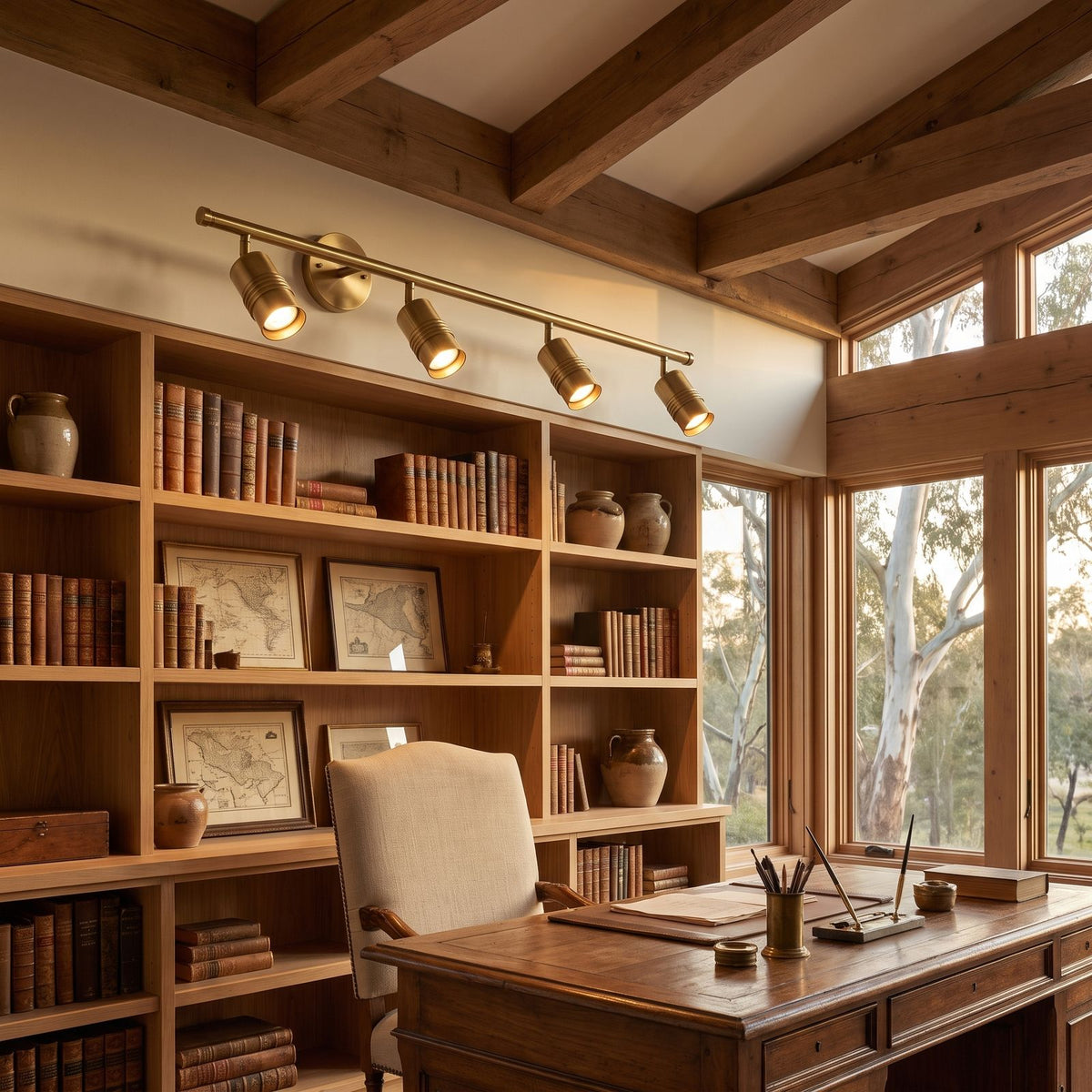 Adjustable Brass Spotlight Dimmable LED Wall Light with 4 heads above a bookshelf in a home office