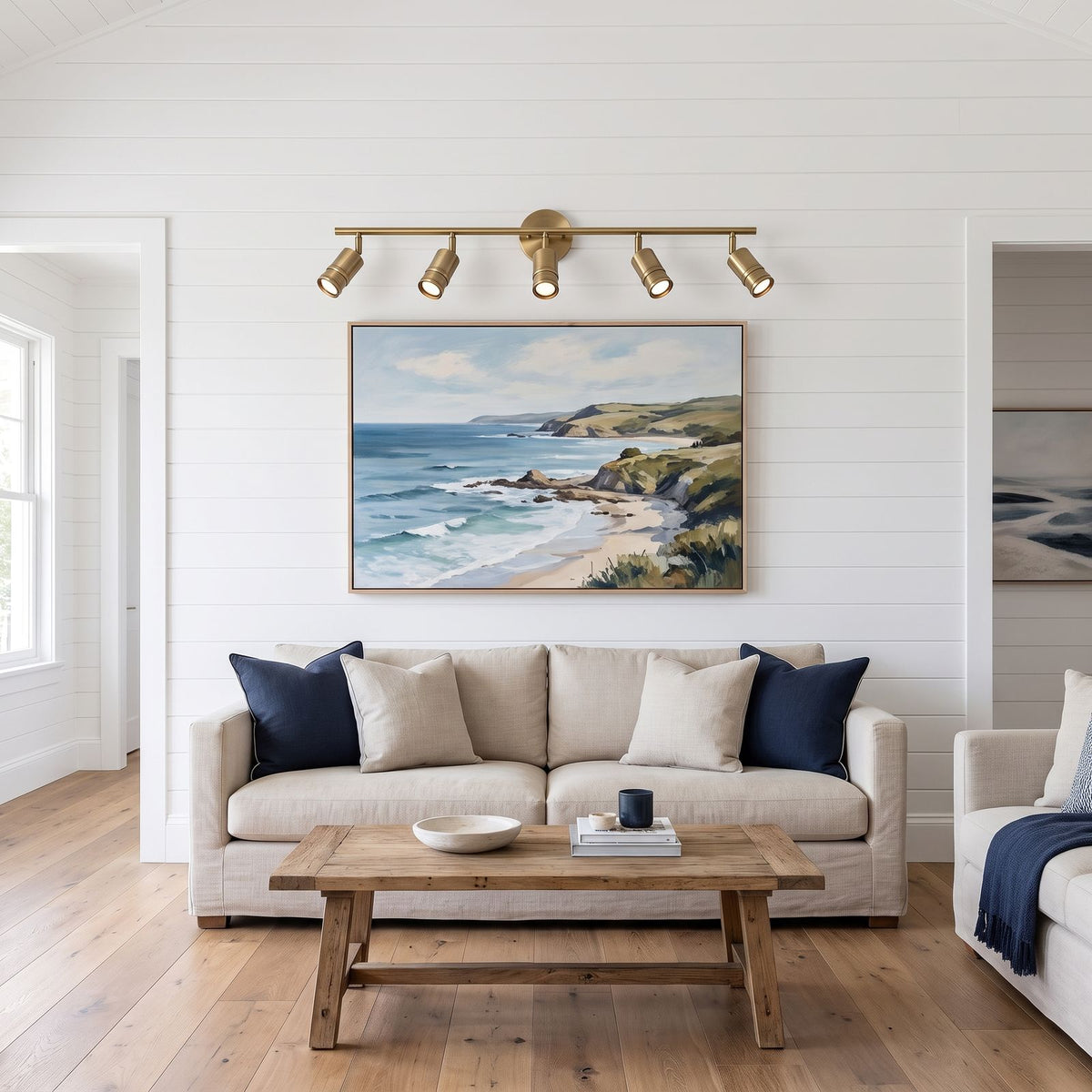 Adjustable Brass Spotlight Dimmable LED Wall Light with 5 heads above a painting in a living room