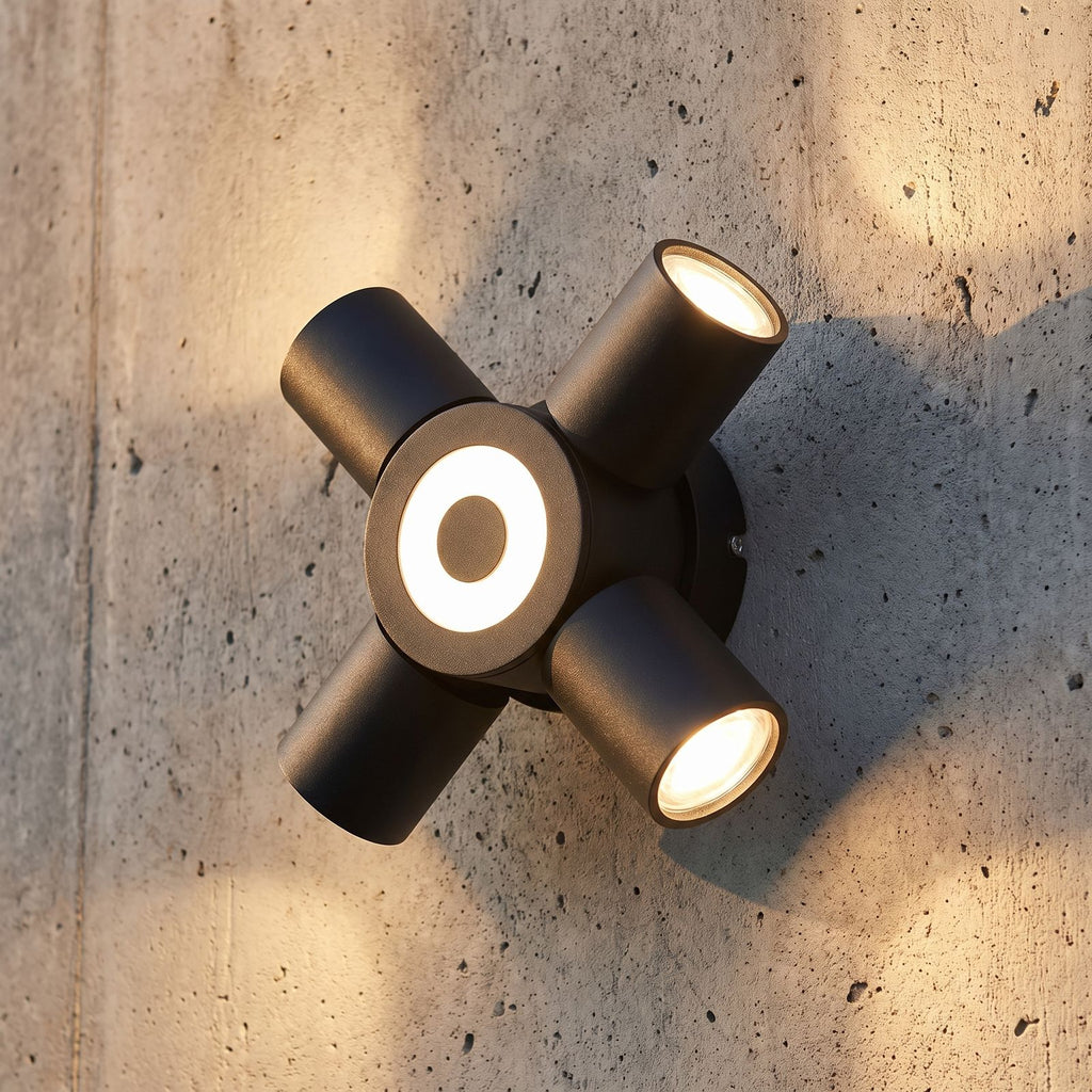 Adjustable Multi Head Outdoor Wall Light, close view at 45 degrees on a stone wall
