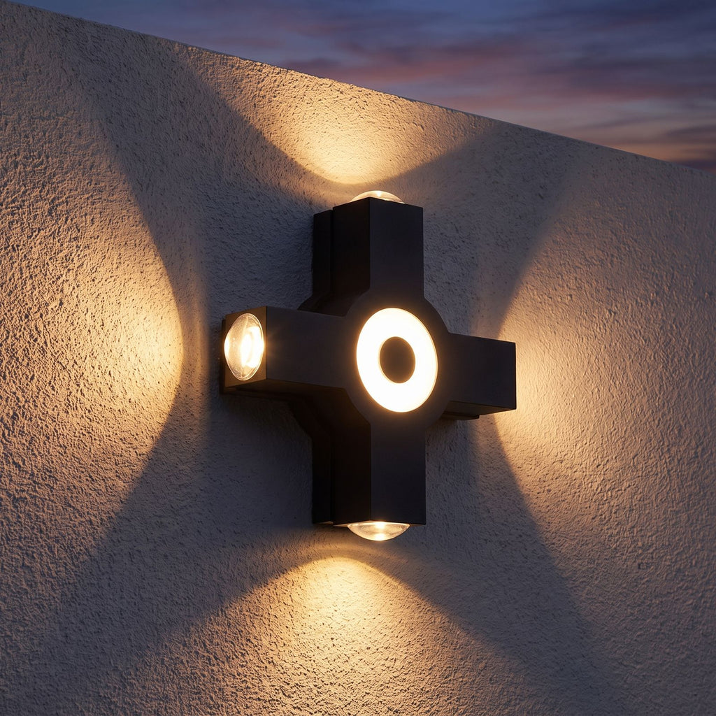 Adjustable Multi Head Outdoor Wall Light on a porch wall at dusk