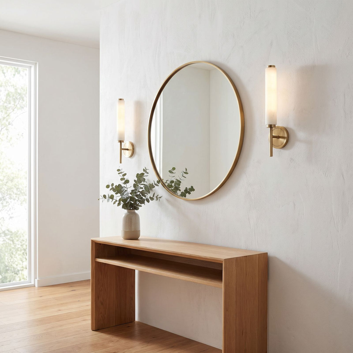 Alabaster Candle Brass Wall Sconce in a pair on a wall of an Australian home