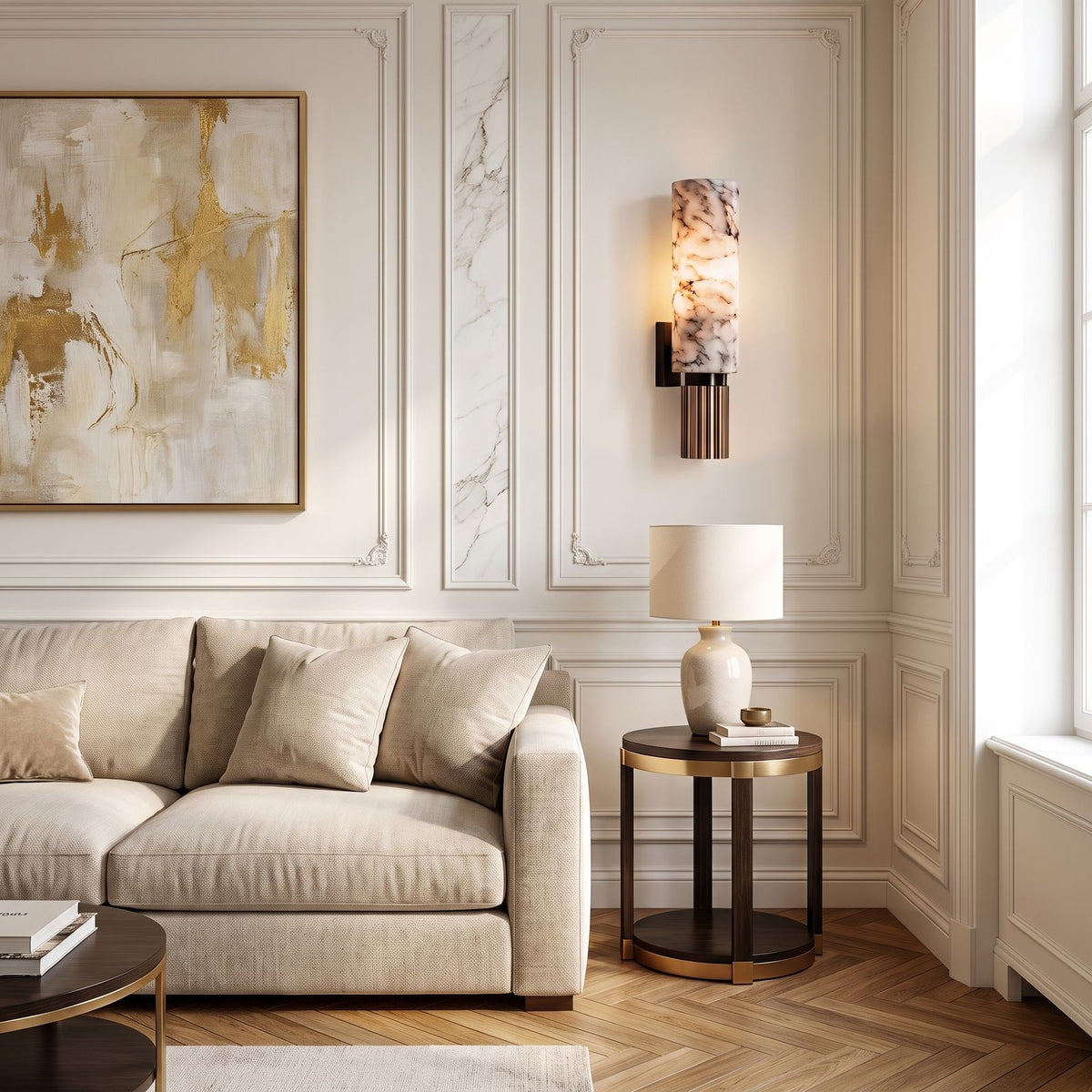 Alabaster Cylinder and Fluted Copper Wall Light beside a sofa in a living room
