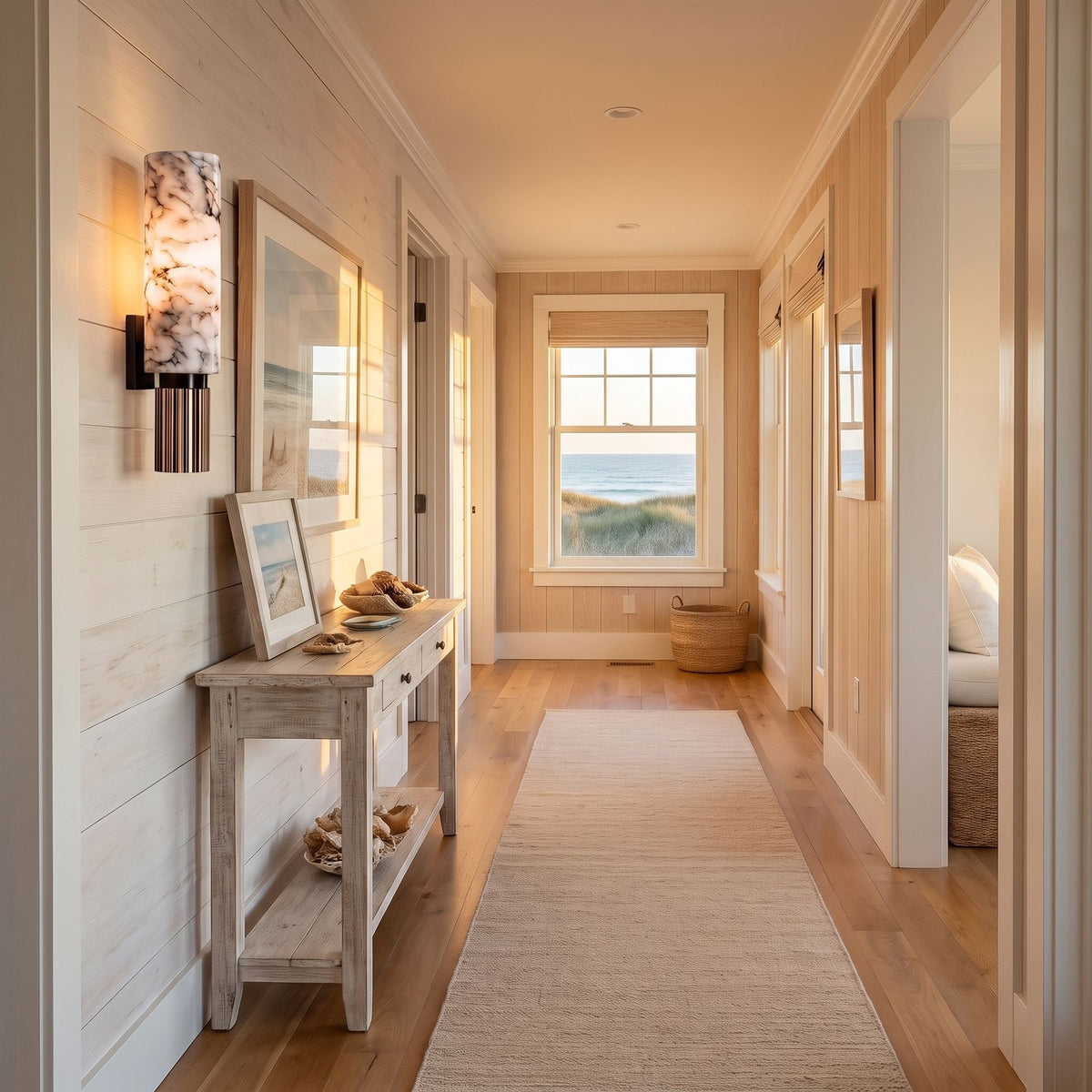 Alabaster Cylinder and Fluted Copper Wall Light in a hallway