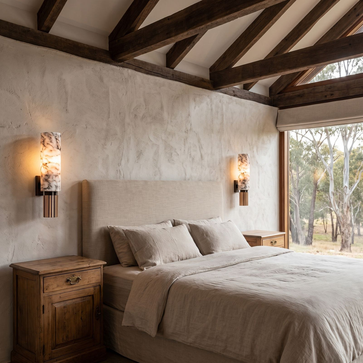 Alabaster Cylinder and Fluted Copper Wall Light: a pair either side of a bed