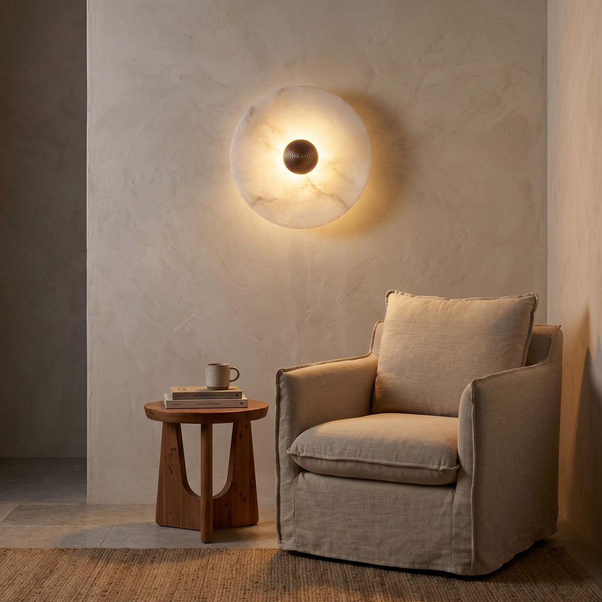 Alabaster Disc Wall Light above an armchair in a reading corner