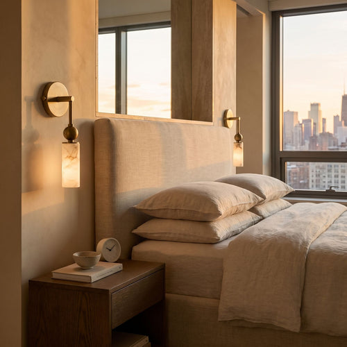 Alabaster-Look Glass Cylinder Drop Wall Light beside a bed in a bedroom