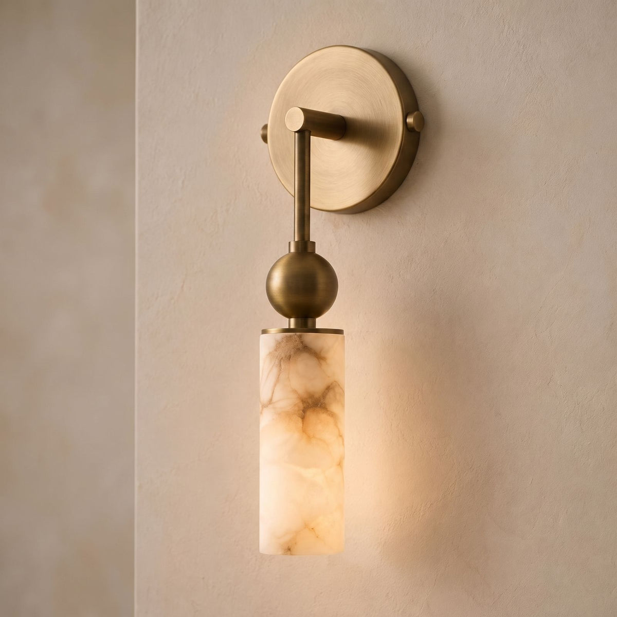 Alabaster-Look Glass Cylinder Drop Wall Light: close-up of the materials and finish