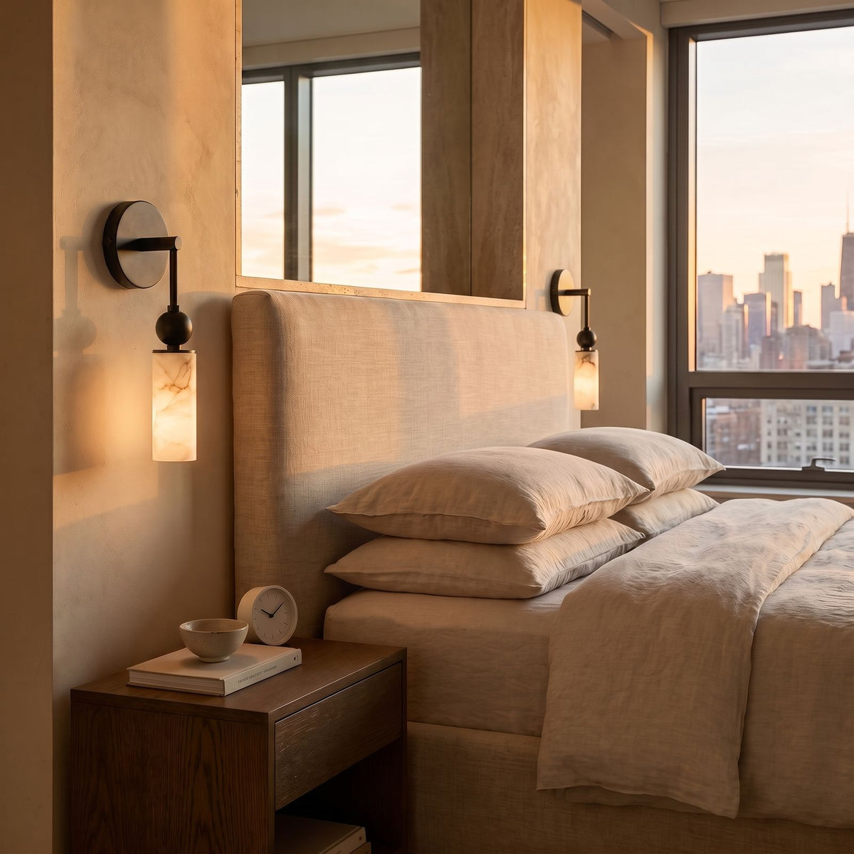 Alabaster-Look Glass Cylinder Drop Wall Light in black, beside a bed in a bedroom