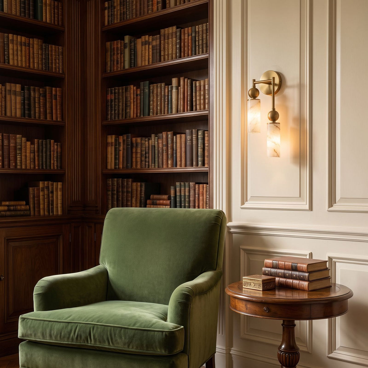 Alabaster-Look Glass Cylinder Drop Wall Light, 2 heads with the lower cylinder on the right, in brass, in a reading corner