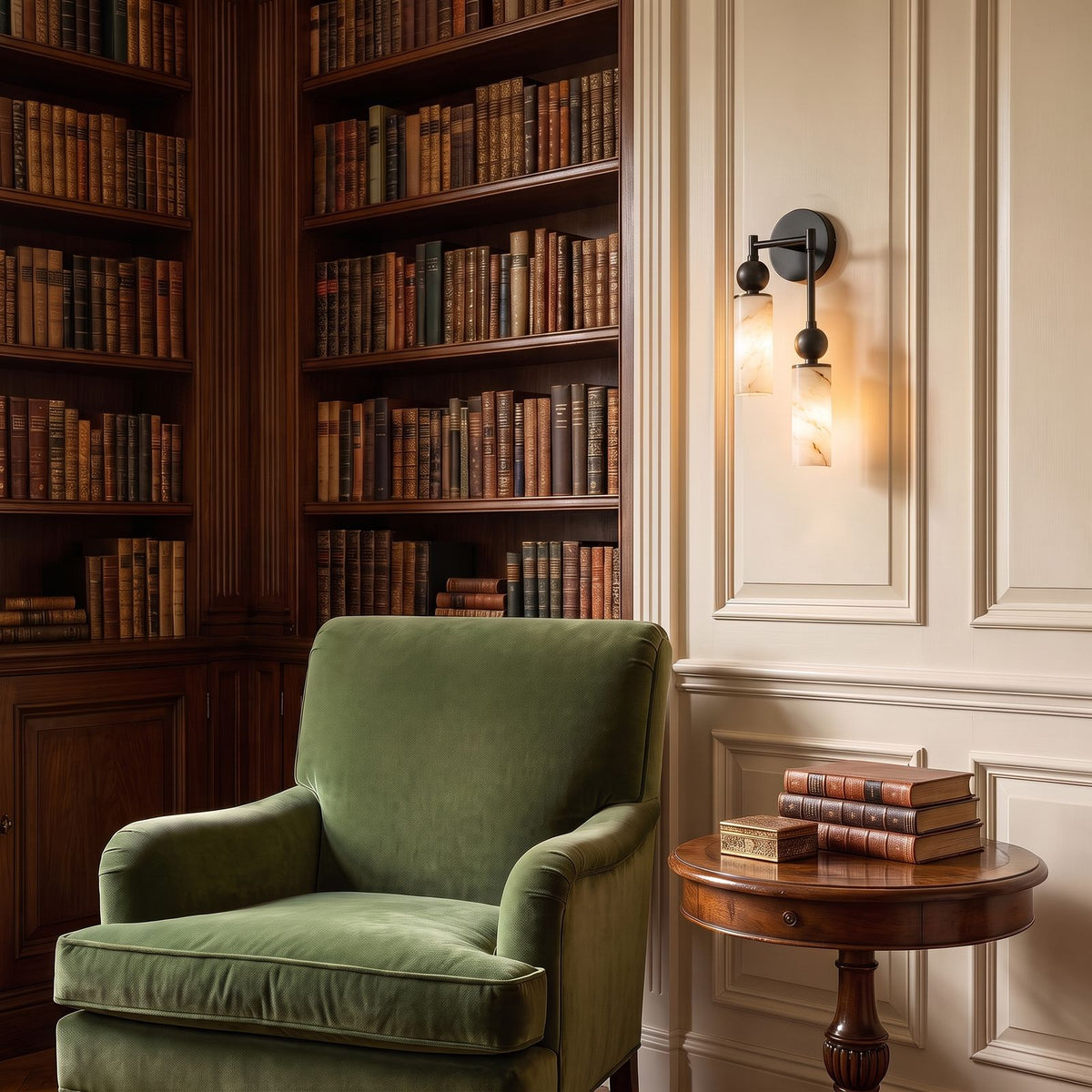 Alabaster-Look Glass Cylinder Drop Wall Light, 2 heads with the lower cylinder on the right, in black, in a reading corner
