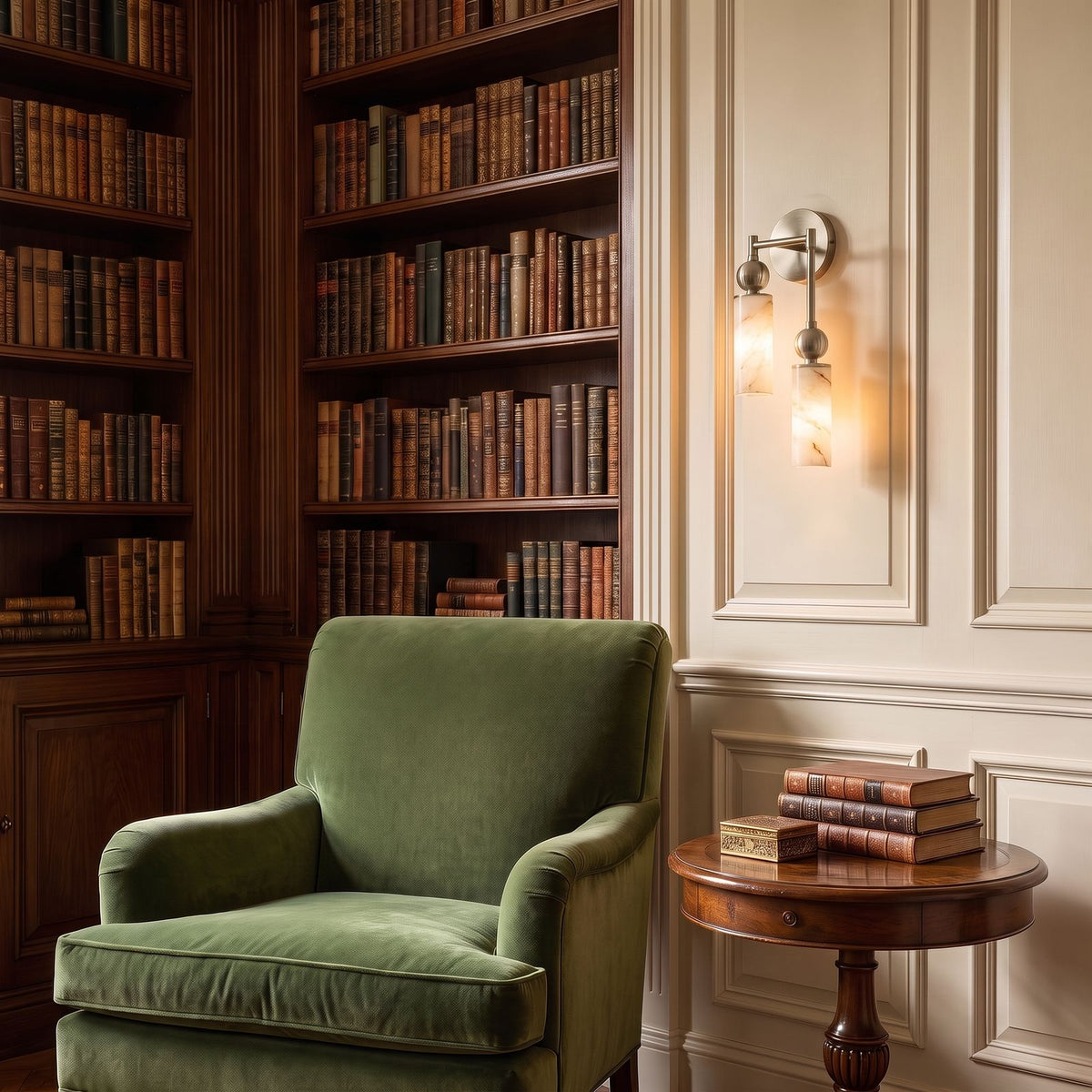 Alabaster-Look Glass Cylinder Drop Wall Light, 2 heads with the lower cylinder on the right, in nickel, in a reading corner