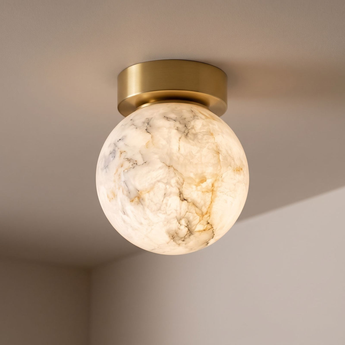 Alabaster Marble Globe Flush Mount Ceiling Light: close-up on a plain ceiling