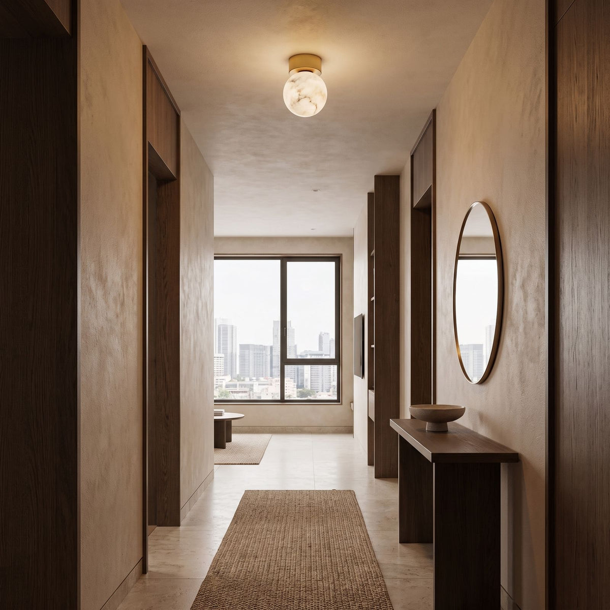 Alabaster Marble Globe Flush Mount Ceiling Light in a hallway