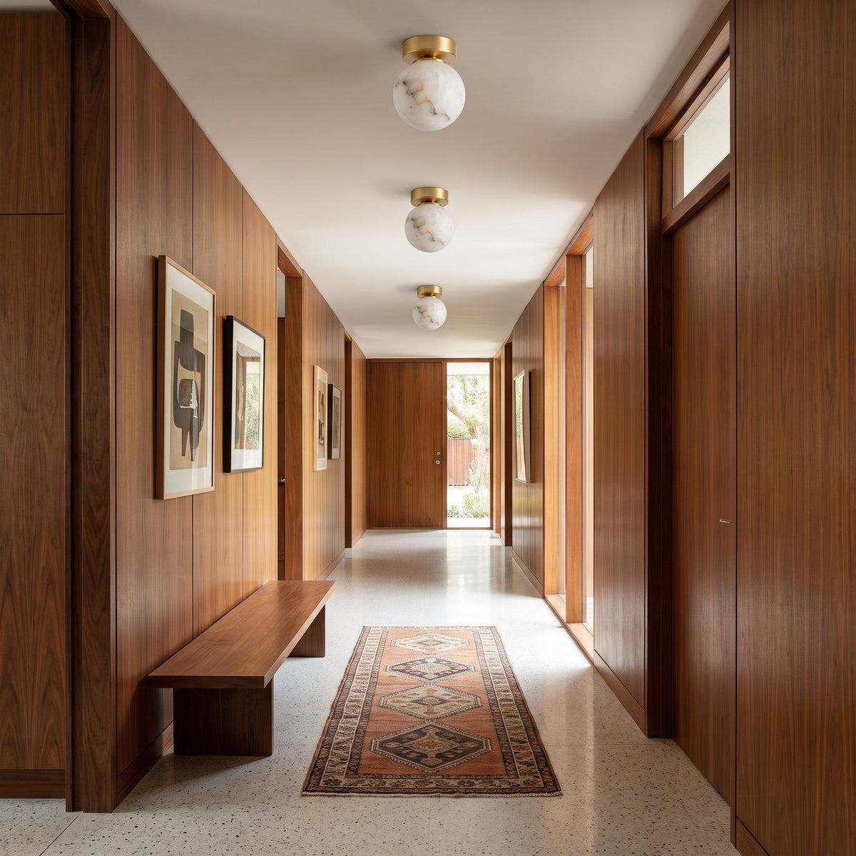 Alabaster Marble Globe Flush Mount Ceiling Light: three along a hallway ceiling
