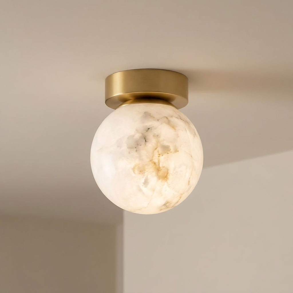 Alabaster Marble Globe Flush Mount Ceiling Light: side view of the materials and finish