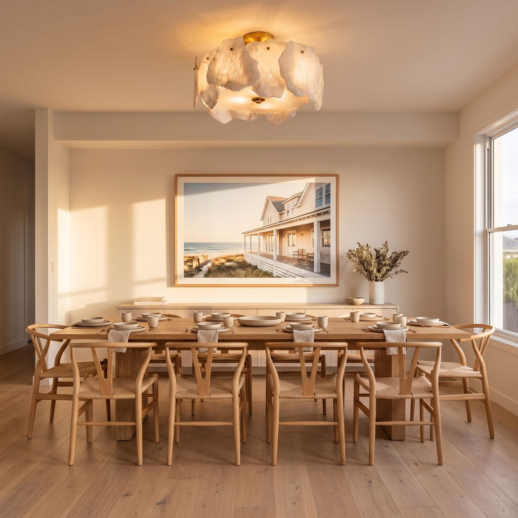 Alabaster Petal Copper Semi-Flush Ceiling Light above a dining table