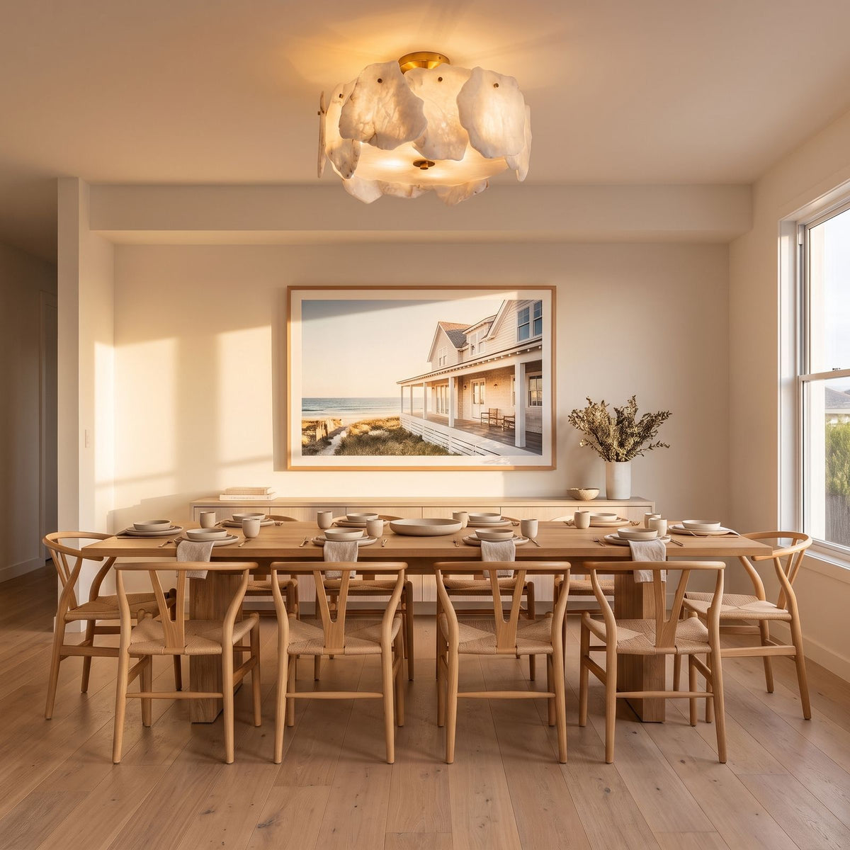 Alabaster Petal Copper Semi-Flush Ceiling Light above a dining table