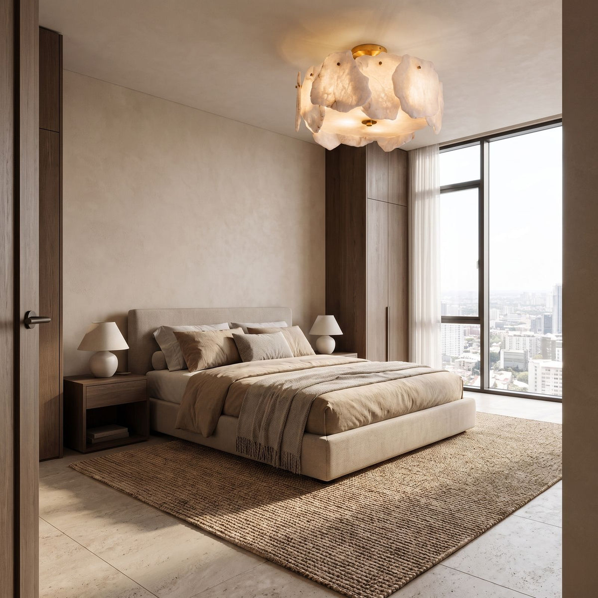 Alabaster Petal Copper Semi-Flush Ceiling Light in a bedroom in daylight