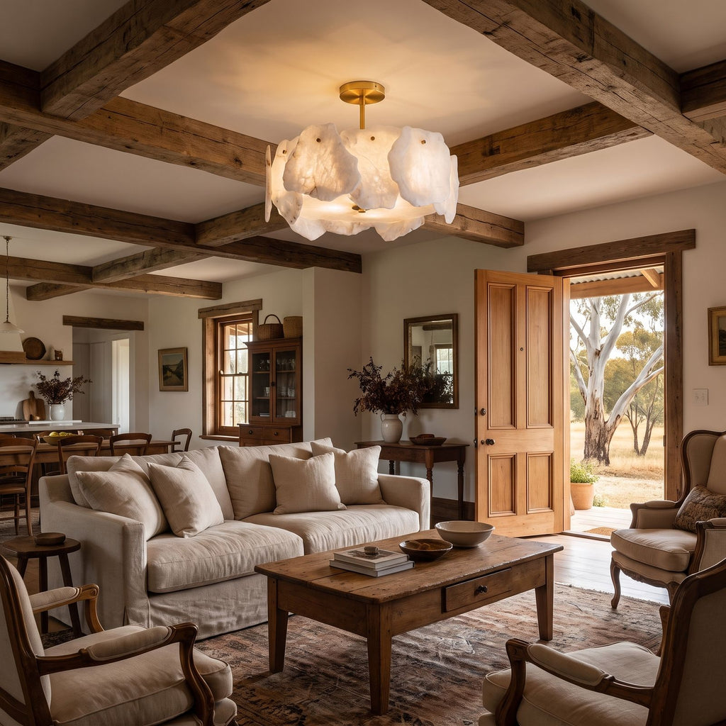 Alabaster Petal Copper Semi-Flush Ceiling Light in an open-plan living area, wide view
