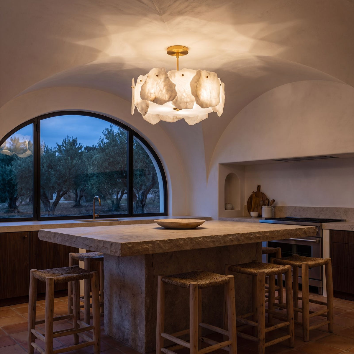 Alabaster Petal Copper Semi-Flush Ceiling Light above a kitchen island at night