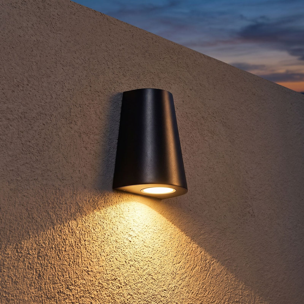 Aluminium COB LED Outdoor Wall Light on a porch wall at dusk