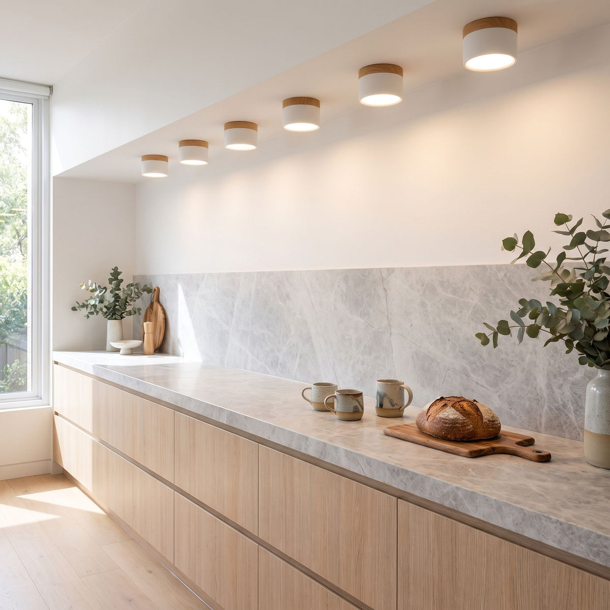 Aluminium Cylinder LED Spotlight Ceiling Light above a kitchen bench