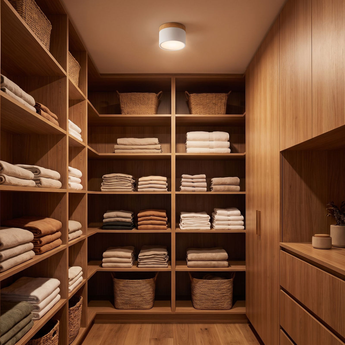 Aluminium Cylinder LED Spotlight Ceiling Light above a walk-in wardrobe