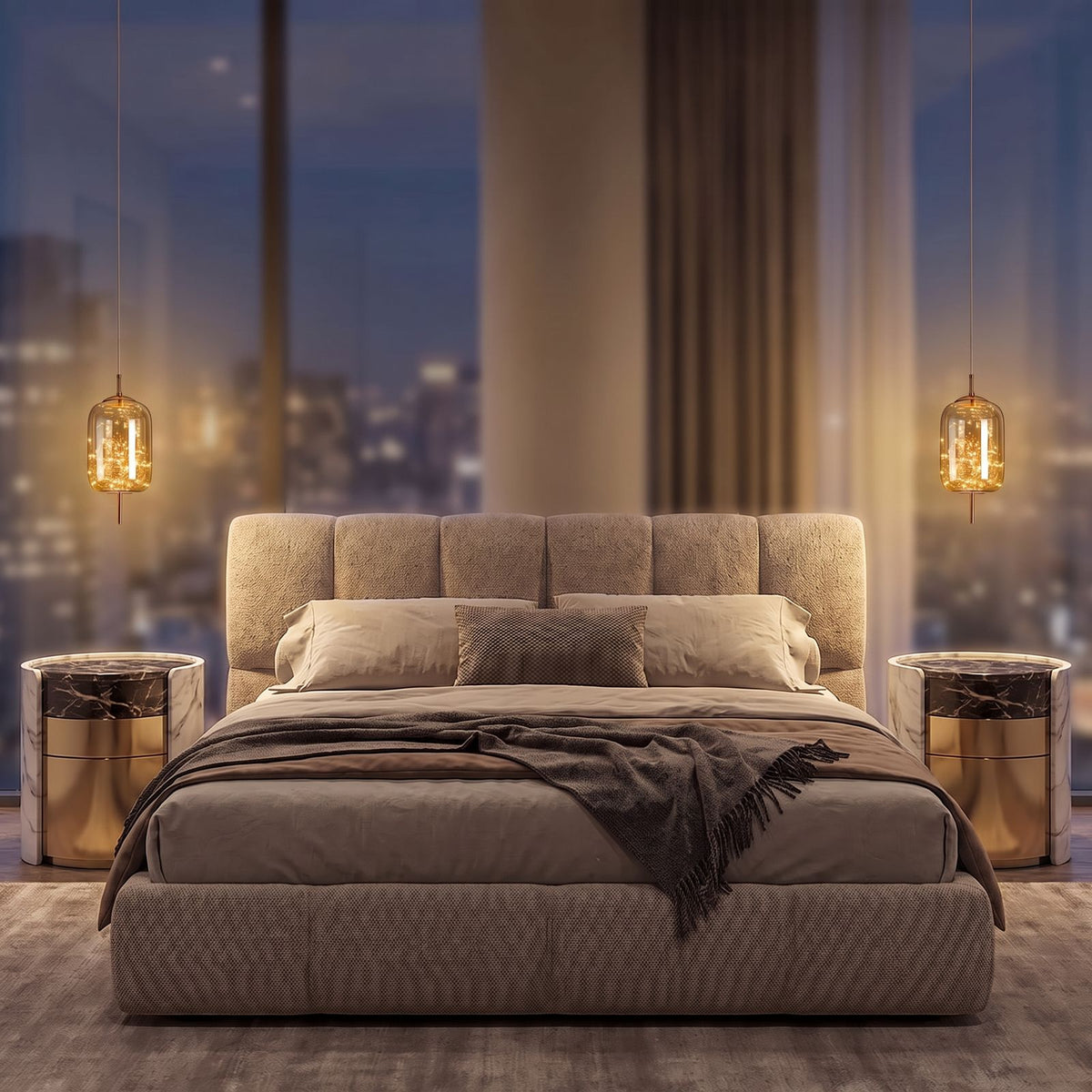 A pair of amber glass capsule pendants either side of the bed in a luxury apartment bedroom at night