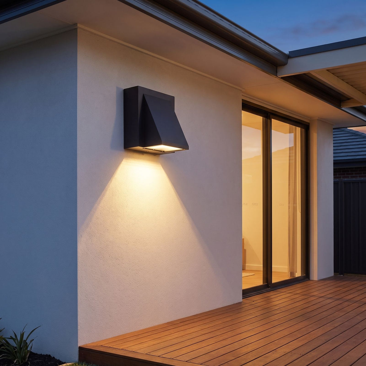 Angled wedge downward outdoor wall light on a covered alfresco patio wall