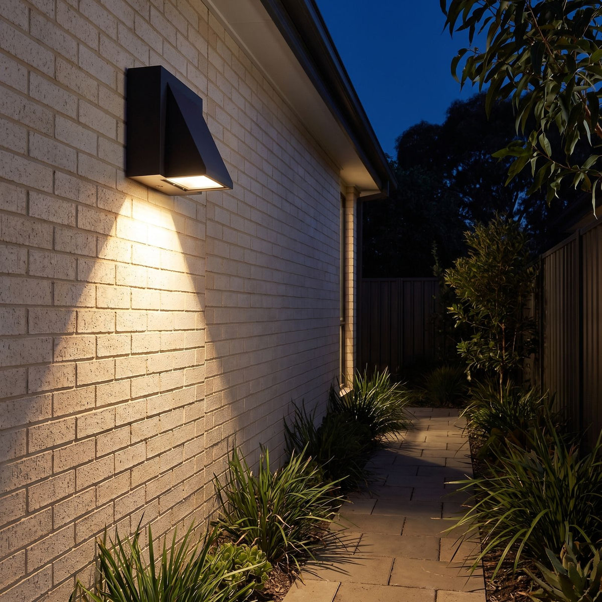 Angled wedge downward outdoor wall light along a side passage at night