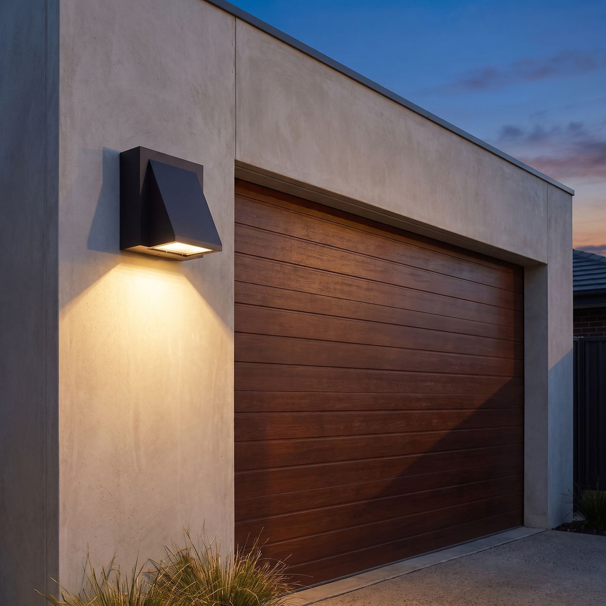 Angled wedge downward outdoor wall light beside a garage door at dusk