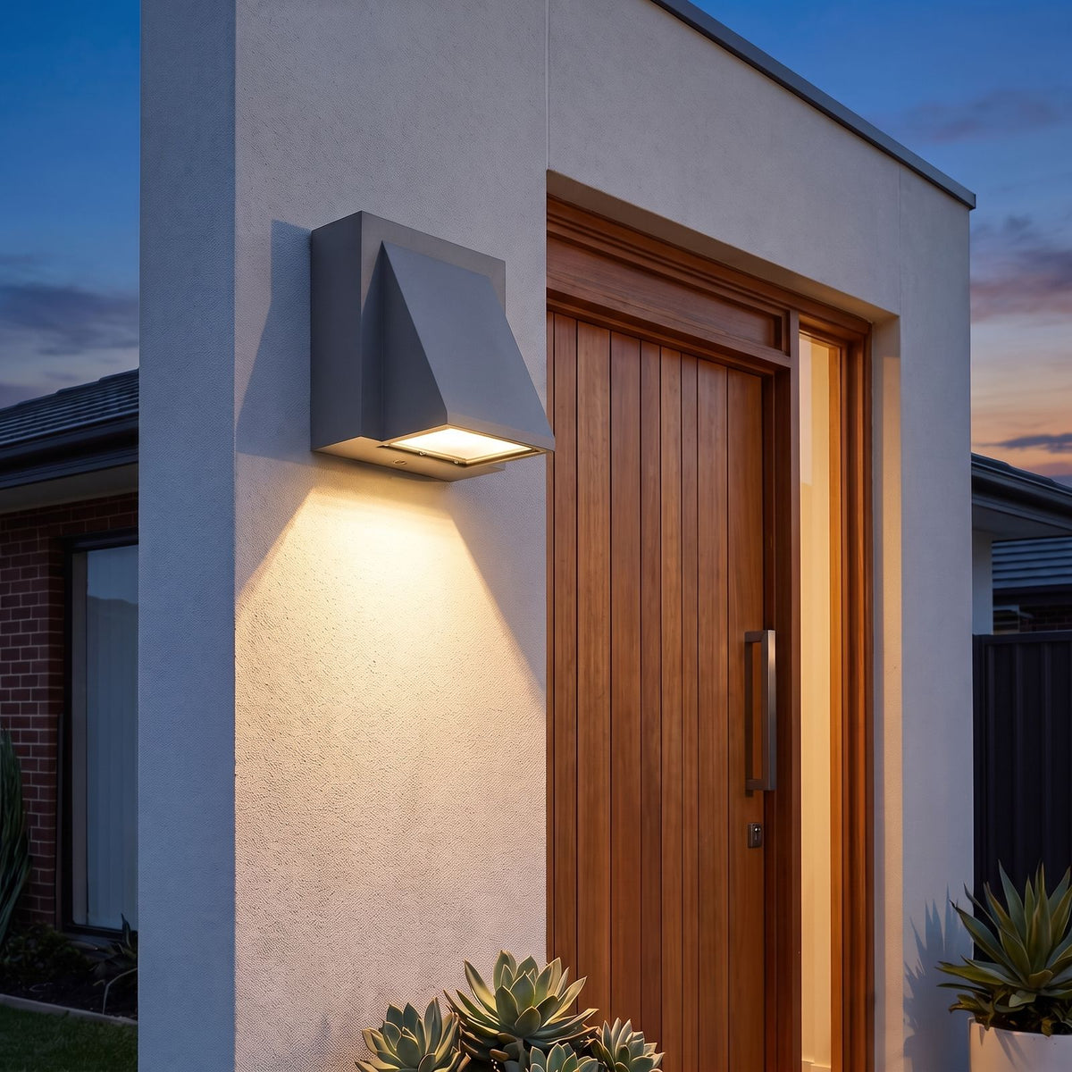 Angled Wedge Aluminium Downward Outdoor Wall Light in grey beside a timber front door at dusk