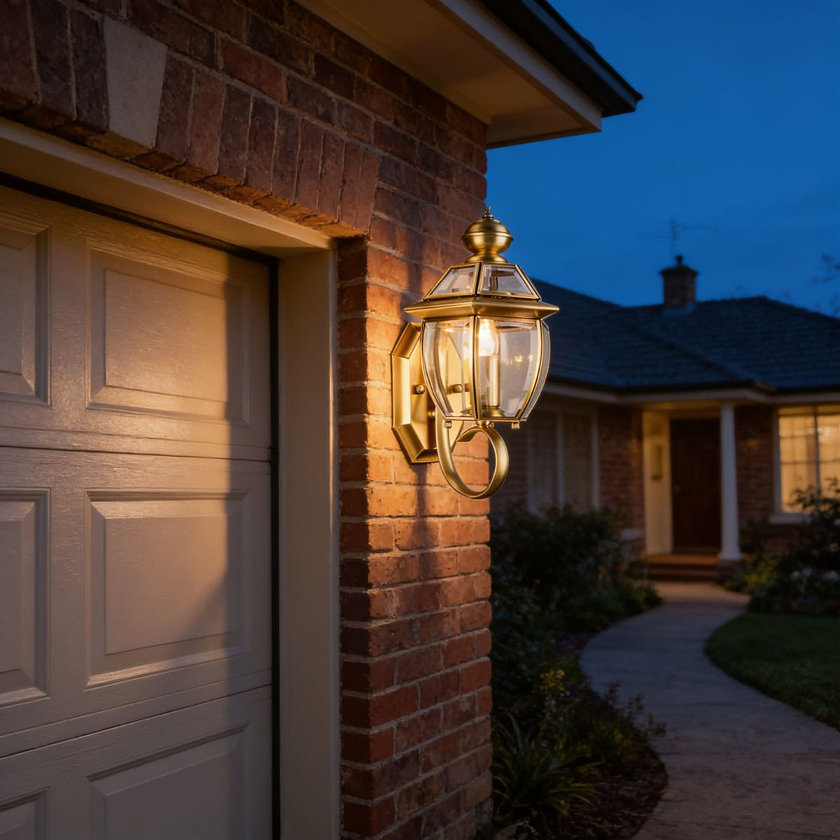 Antique Brass Glass Outdoor Wall Lantern beside a garage door at blue hour