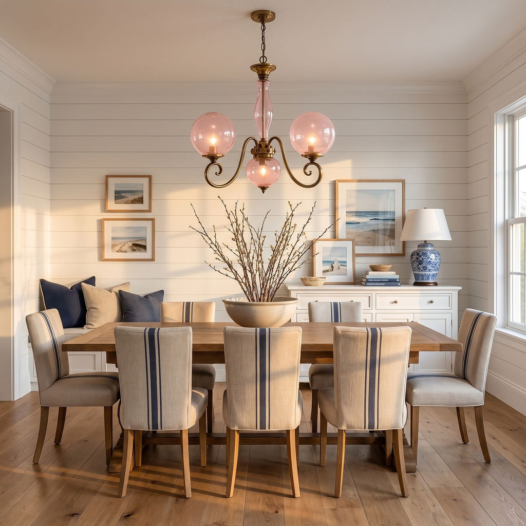 Antique Brass Scroll Arm Glass Globe Chandelier above a dining table at golden hour